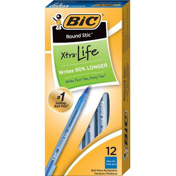 Bic Round Stic Xtra-Life Ballpoint Pen, Medium Point, 1.0mm, Blue Ink, Dozen (20120/Gsm11bl)