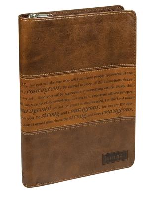 Classic Faux Leather Journal Strong and Courageous Joshua 1:57 Bible Verse, Brown Inspirational Notebook, Lined Pages W/Scripture, Ribbon Marker, Zipp