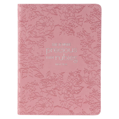Christian Art Gifts Strawberry Pink Floral Vegan Leather Small Journal Inspirational Scripture Women's Notebook More Precious Than Rubies Bible Verse