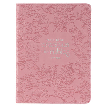 Christian Art Gifts Strawberry Pink Floral Vegan Leather Small Journal Inspirational Scripture Women's Notebook More Precious Than Rubies Bible Verse