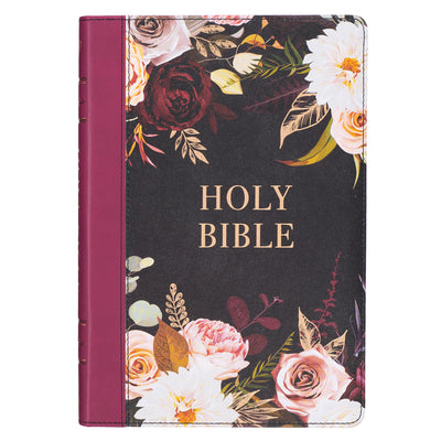 KJV Bible Thinline Large Print (Faux Leather, Black Floral Printed/Burgundy)